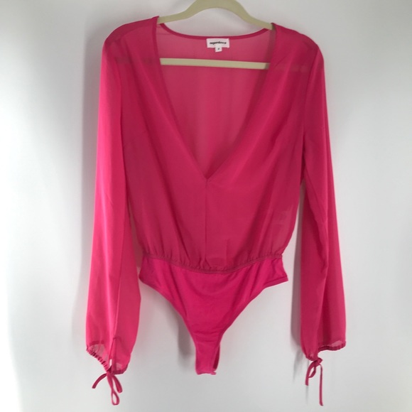Superdown Celene Sheer Hot Pink Deep V-Neck Bodysuit Wrist Ties Dopamine Look - Picture 4 of 15
